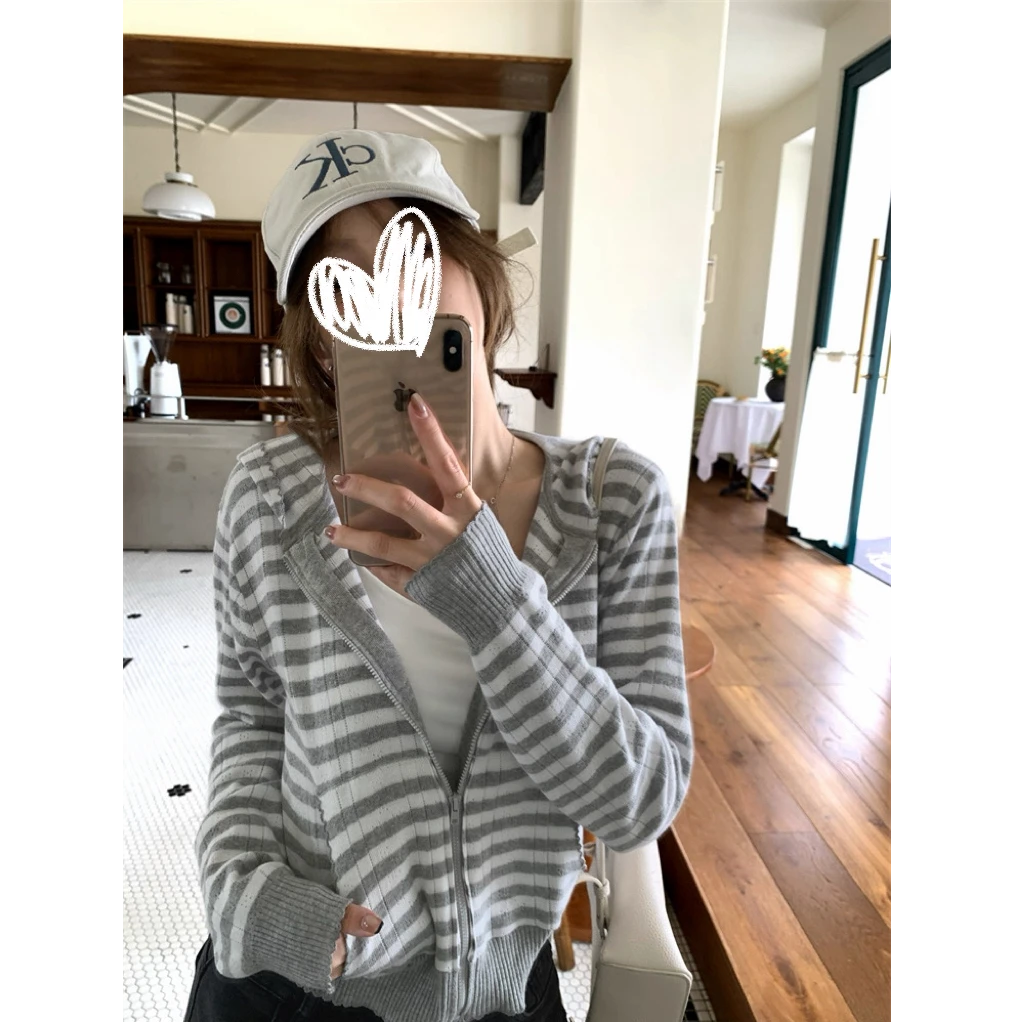 条纹连帽长袖针织衫外套女2025秋季新款韩系显瘦短款开衫上衣