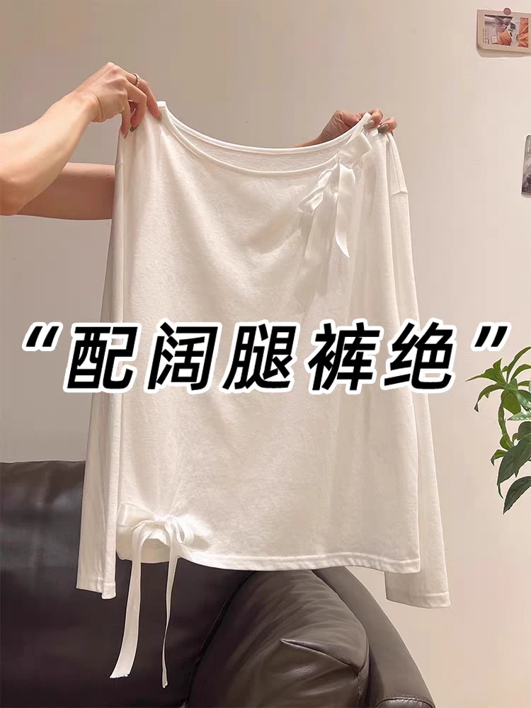 罗2025夏新款蝴蝶结微透防晒空调罩衫T恤女宽松百搭上衣小个子女