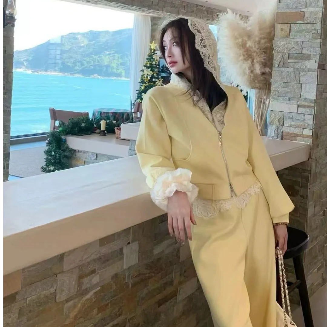 2025早春新款蕾丝连帽拉链外套假两件休闲直筒裤套装