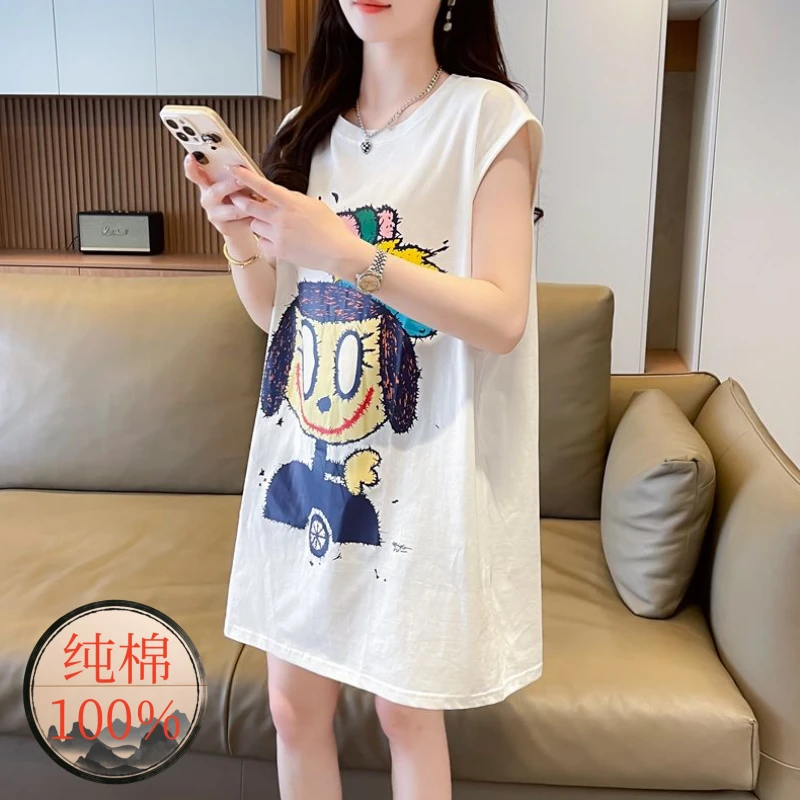大码背心吊带无袖t恤女夏季新款宽松洋气减龄遮肚显瘦中长款上衣