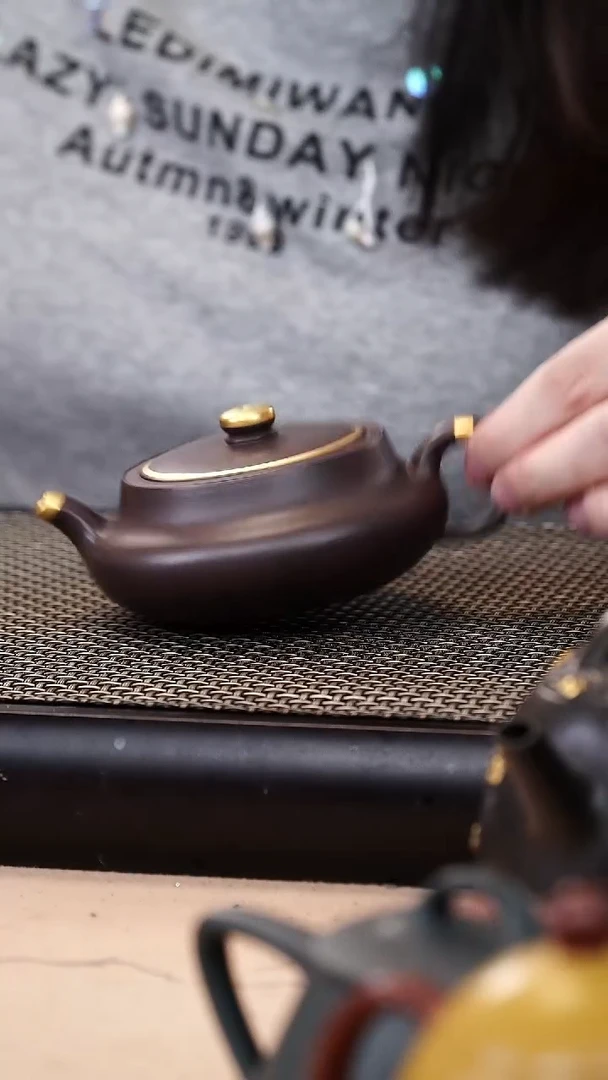 茶壶紫砂四号井茄皮紫泥描金新品桑盘160cc