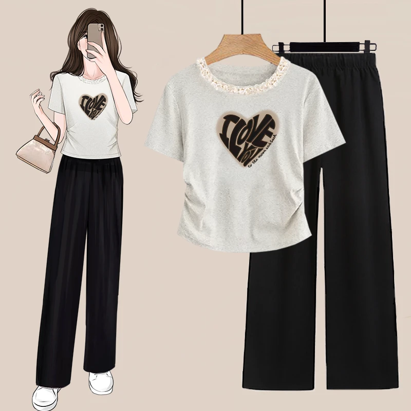 夏季优雅风穿搭套装女圆领花边拼接设计褶皱短袖上衣阔腿裤两件套