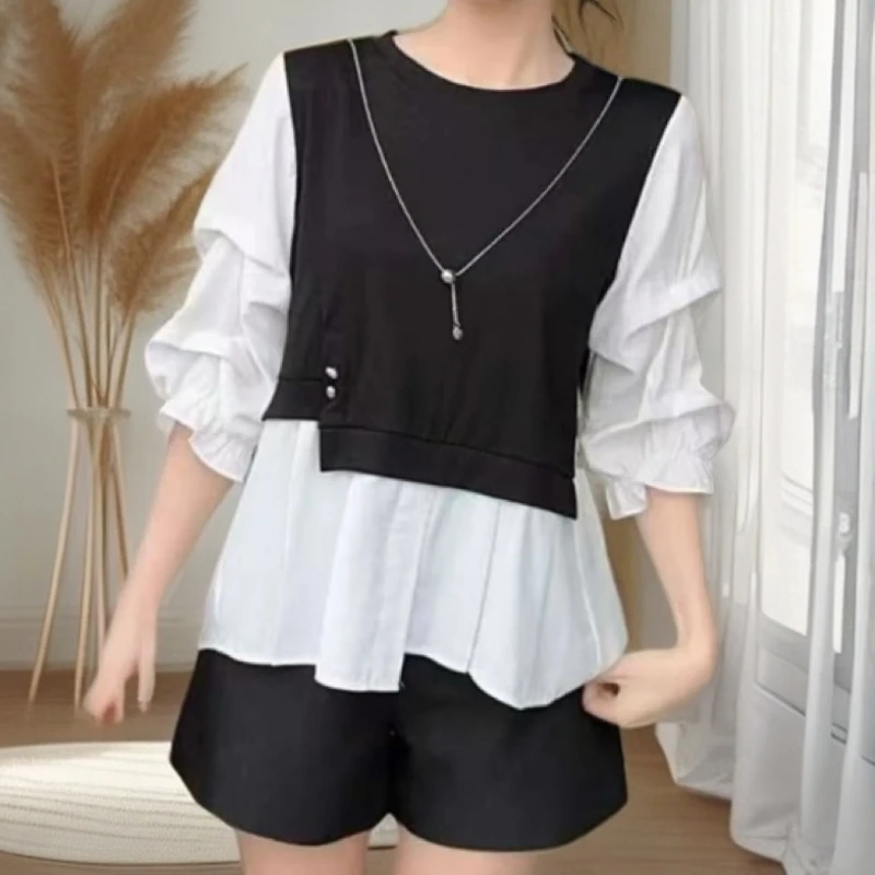 新款时尚显瘦设计感假两件上衣