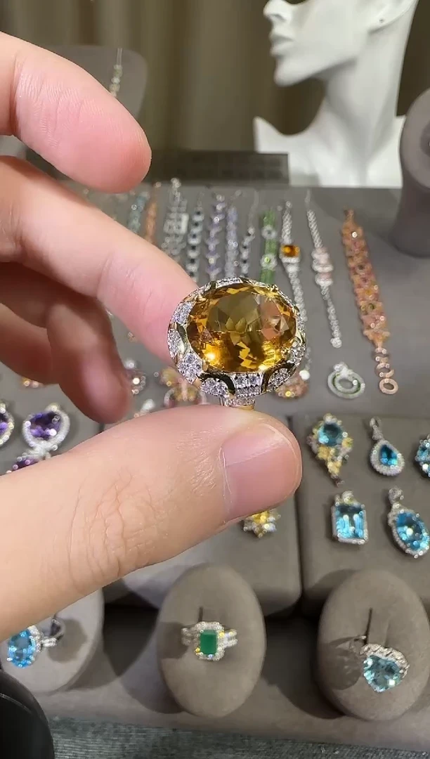 银S925镶嵌戒指黄晶14*12mm戒指高级款