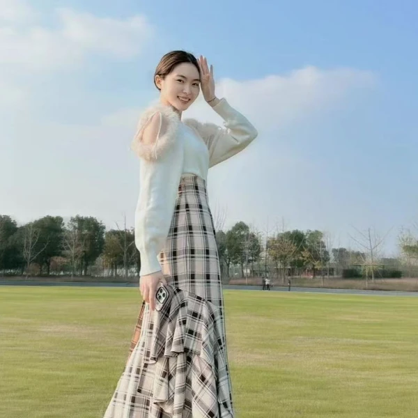 【FaFa】日系品牌 S 优雅气质文艺 格子鱼尾半裙FA502-014