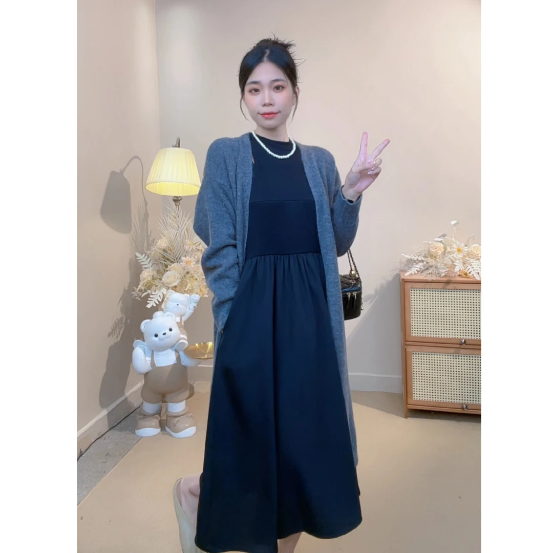 高级气质套装哺乳装秋冬温柔风纯色复古长袖收腰哺乳裙+毛衣外套