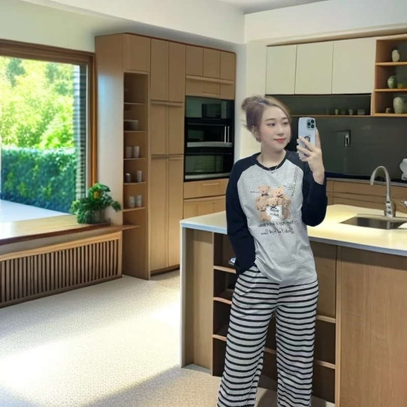 芬亿235女士长袖长裤冰瓷爽棉睡衣套装