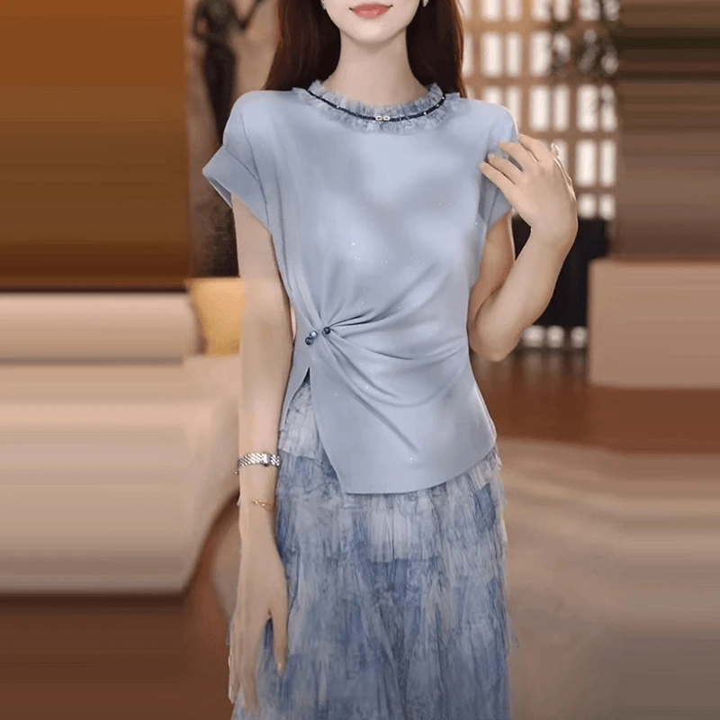 法式重工设计感短袖t恤女2025夏季新款时尚亮片不规则上衣潮8450