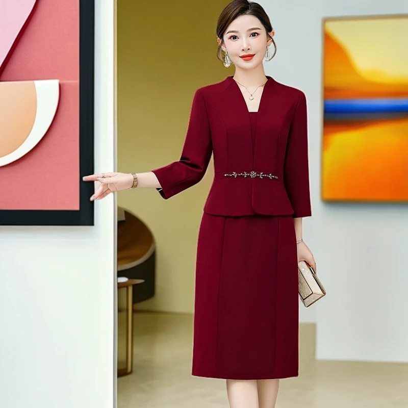 妈妈装高端洋气新款小个子喜婆婆假两件丈母娘婚宴礼服显瘦连衣裙