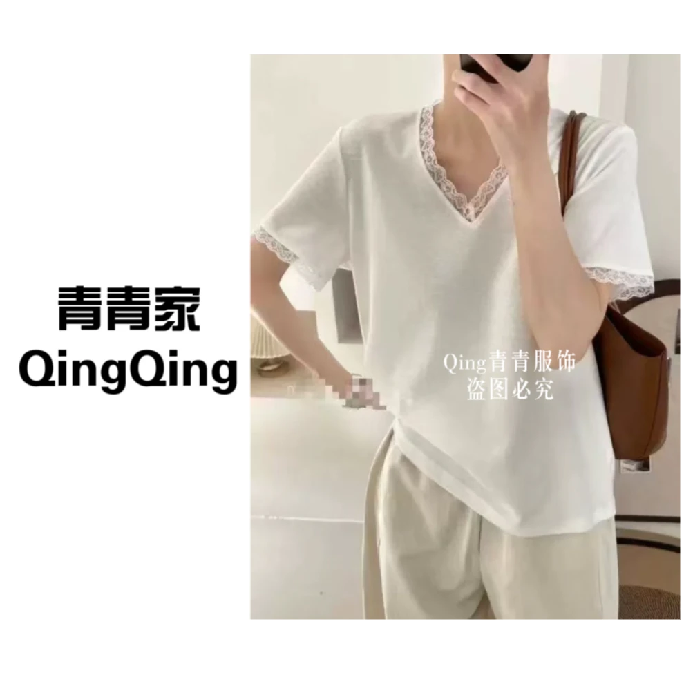 青青家 夏季新款睫毛弯弯拼接蕾丝时尚百搭T恤-137