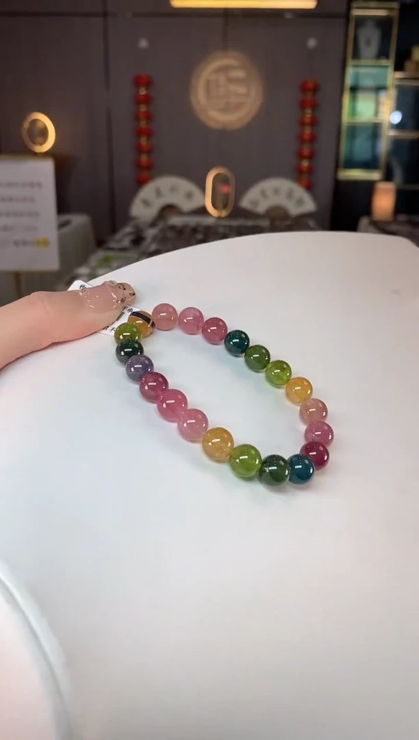 未镶嵌老矿碧玺色标彩单圈手串9mm+碧玺dan多样性发货一条