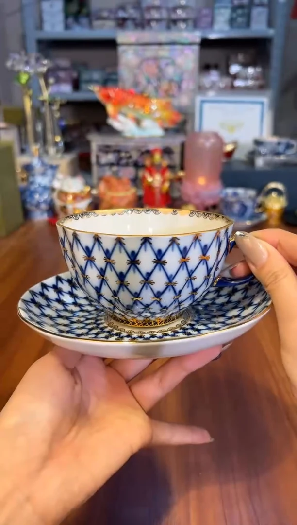 183俄皇钴蓝网纹一杯一碟+钴蓝勺子