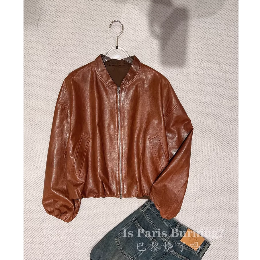 M3680时髦百搭棒球领宽松版双面穿羊皮咖皮衣  款号DZ89083