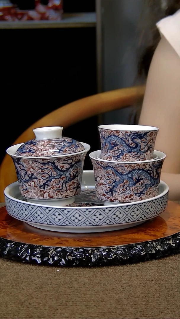 青花海水元龙盖碗套装组合