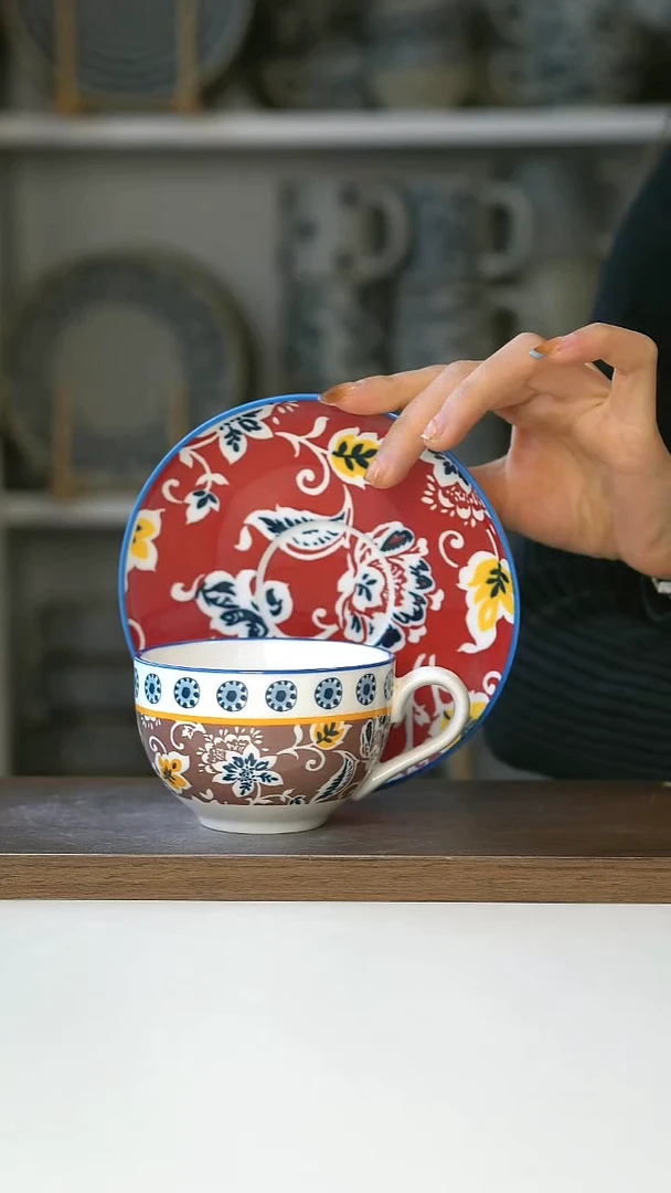 陶中古风太阳花咖啡杯碟200ml@4-2@微瑕