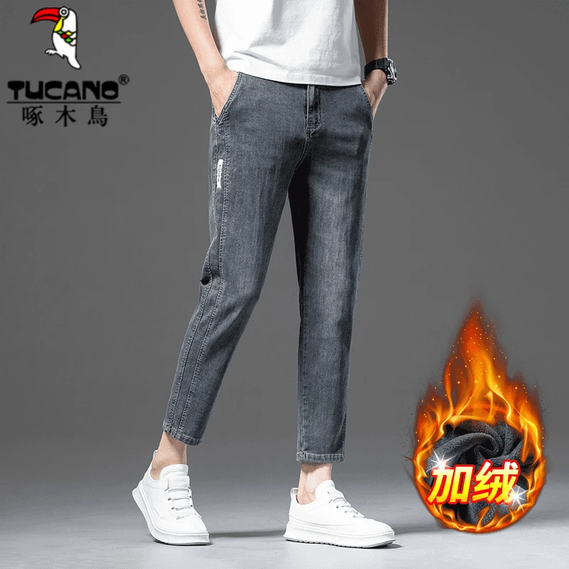 啄木鸟八分裤秋冬加厚矮小个子男士九分裤直筒小脚修身9分牛仔裤