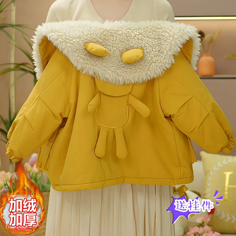 女童加绒派克服外套2025新款秋冬加厚大翻领棉服小熊中长款棉衣潮