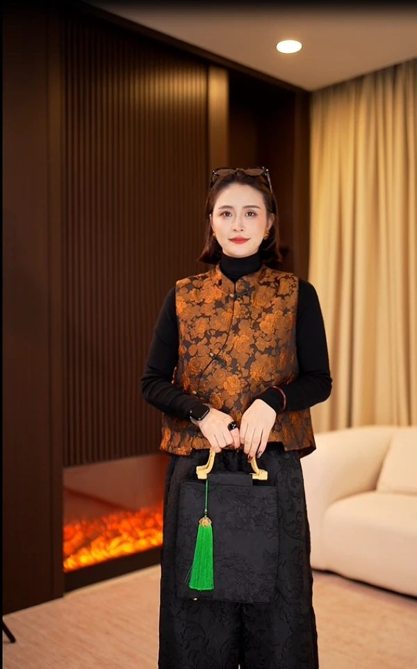 【花开富贵】短款高端洋气香云缎印花女薄款立领时尚提花马甲