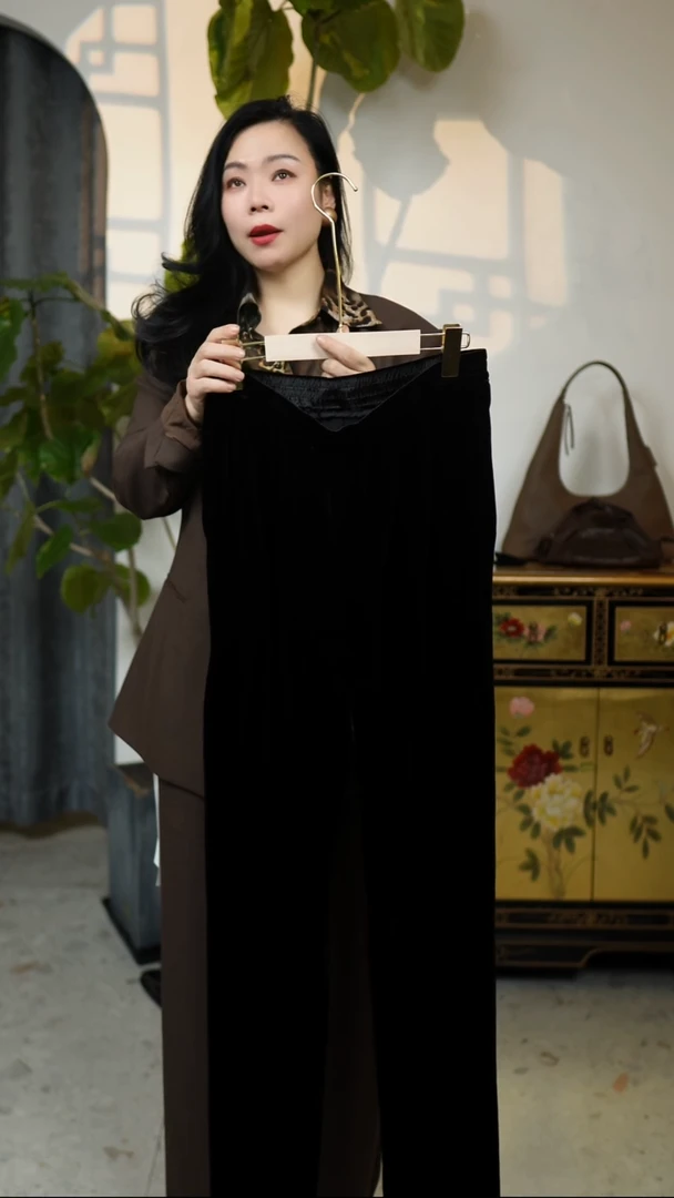 桑蚕丝绒松紧腰直筒裤，黑色，2XL（120斤）