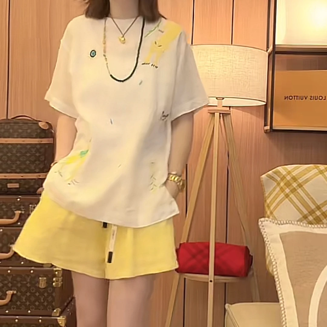 设计感动物刺绣显瘦圆领短袖T恤女2025夏季新款大版宽松百搭上衣