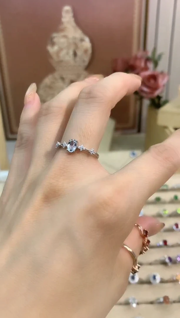 银S925镶嵌戒圈海蓝宝石微镶海蓝宝戒指