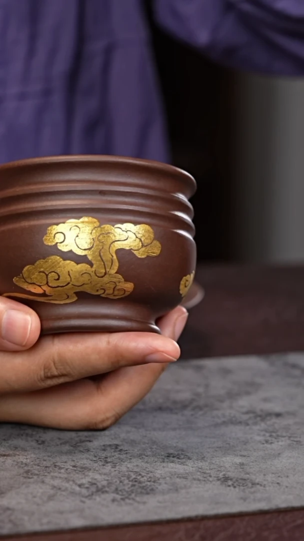 茶杯紫砂金绘祥云 全手 主人杯