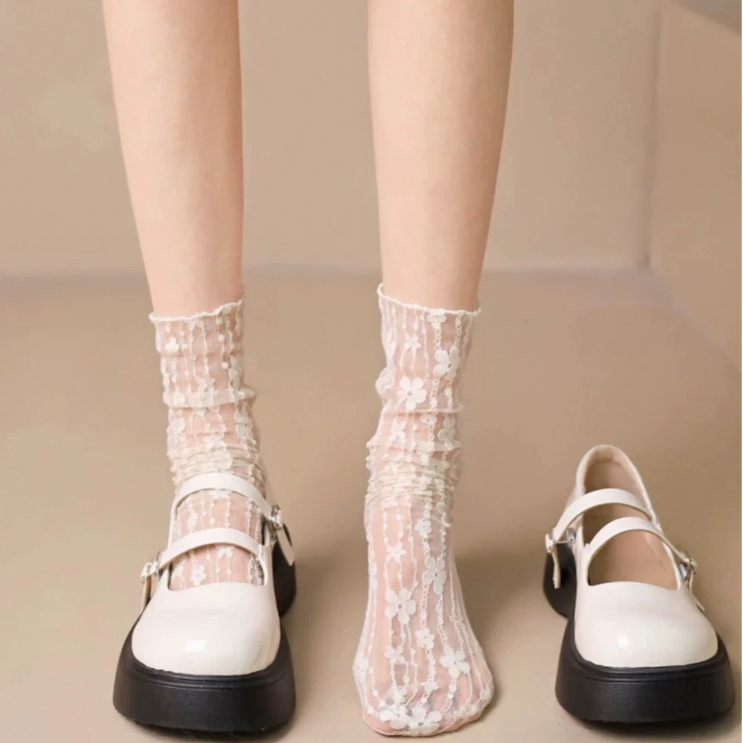 白色蕾丝袜子女中筒袜薄款夏季日系Lolita网纱搭配小皮鞋堆堆袜