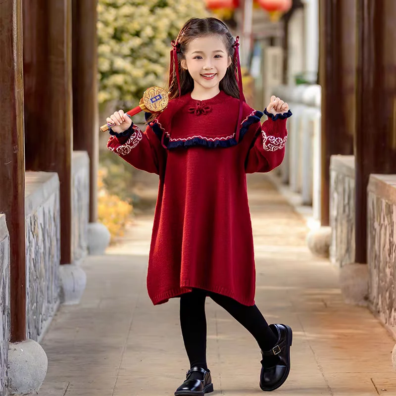 新中式毛衣连衣裙汉服盘扣新款红色秋冬中长款国风国潮女童孩童装