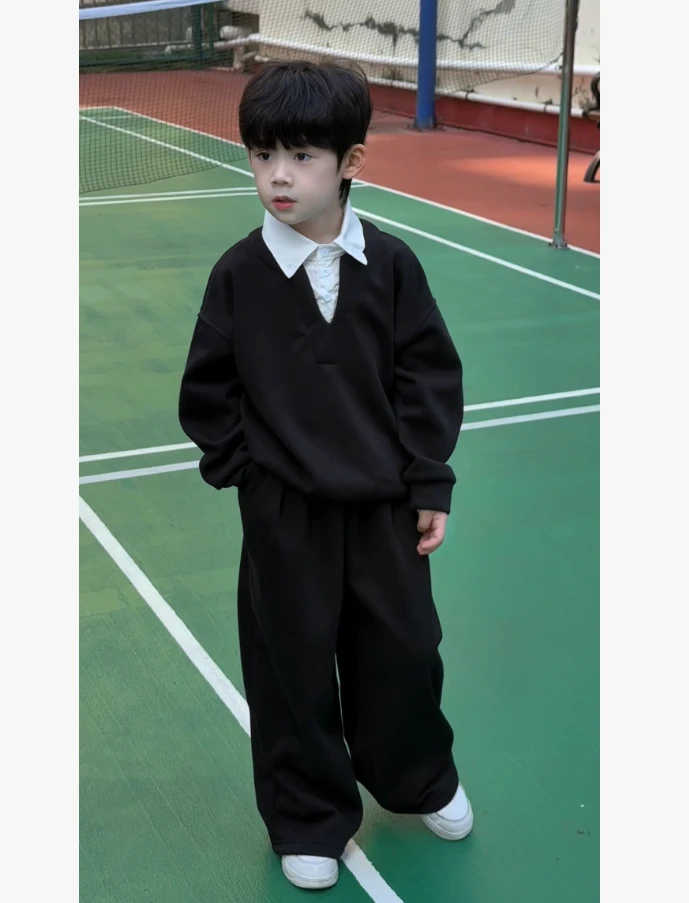 男童【Miu系学院风】秋冬新款儿童假两件衬衫领加绒运动舒适套装 潮