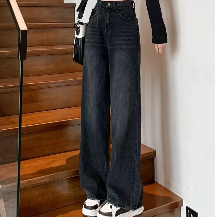 加绒加厚直筒阔腿牛仔裤女2025春季新款高腰显瘦百搭垂感牛仔裤