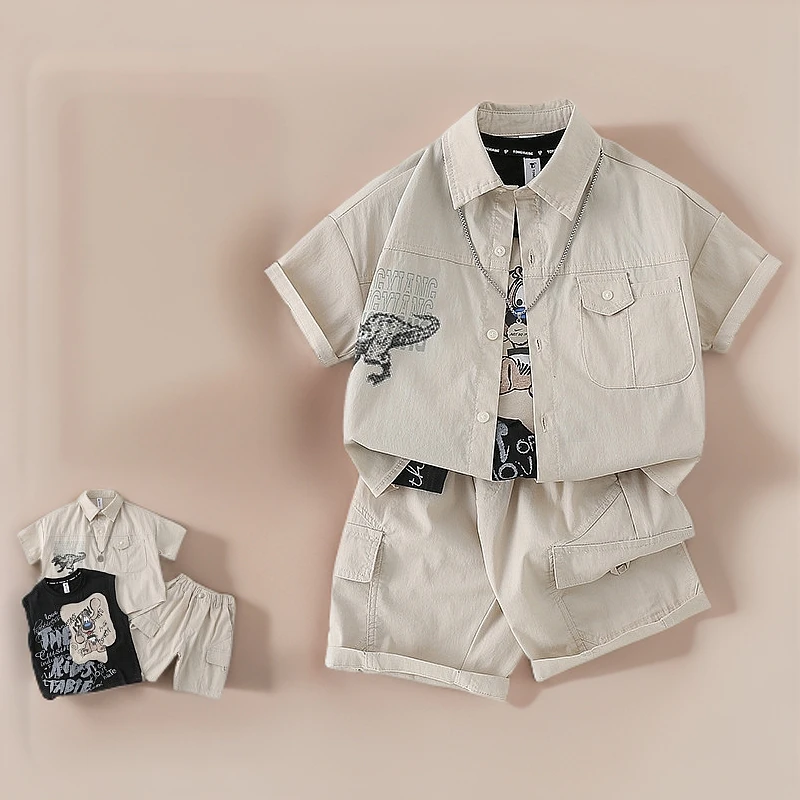 春季哈衣男童短袖套装夏装男宝宝夏季短袖衬衫三件套婴幼儿衣服