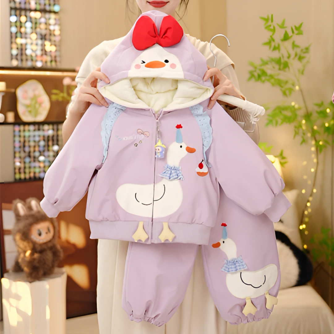 女童加绒加厚卡通小鸭子连帽套装秋冬2025新款洋气女孩时髦两件套