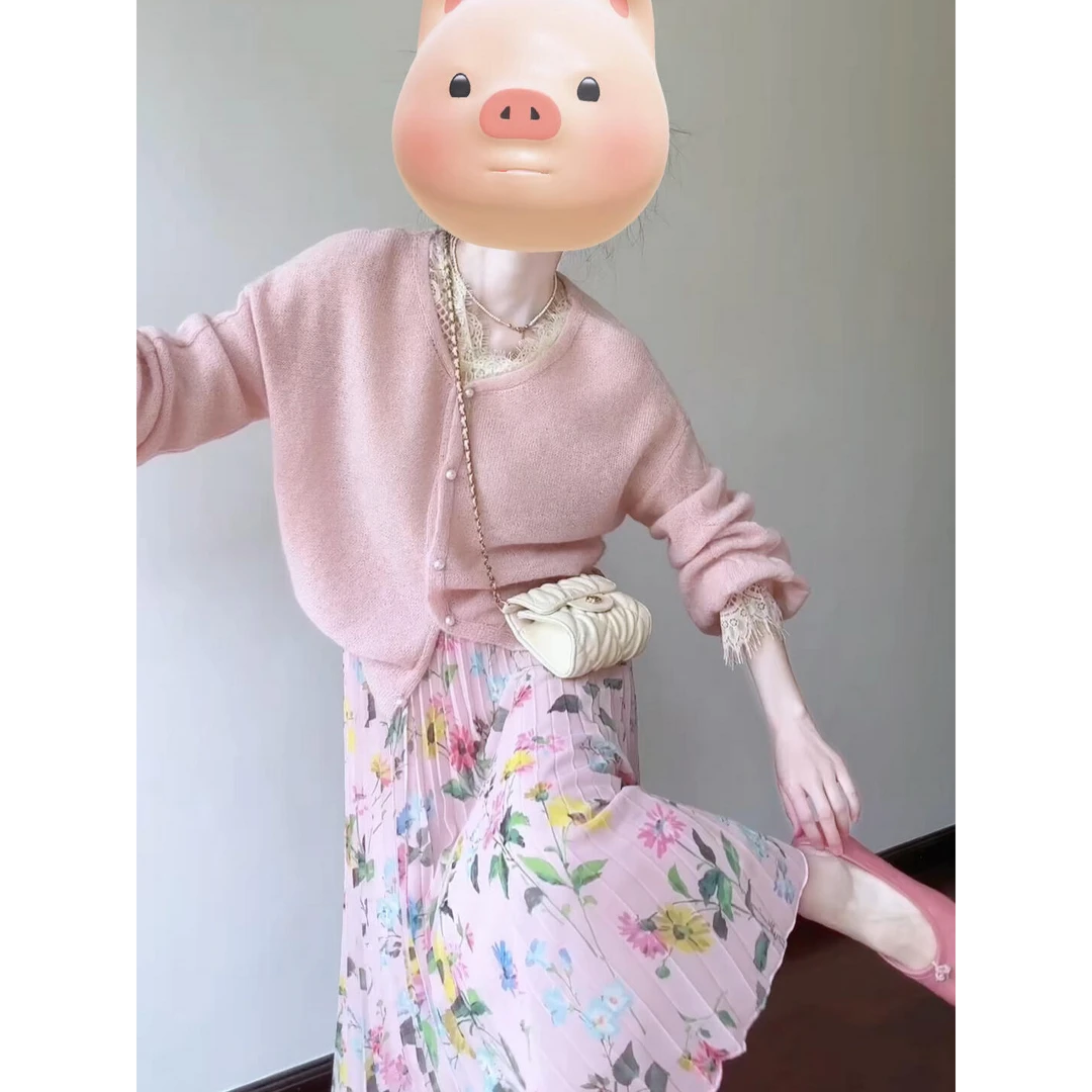 韩版温柔风小清新单排扣针织衫毛衣外套上衣搭高腰半身裙显瘦套装