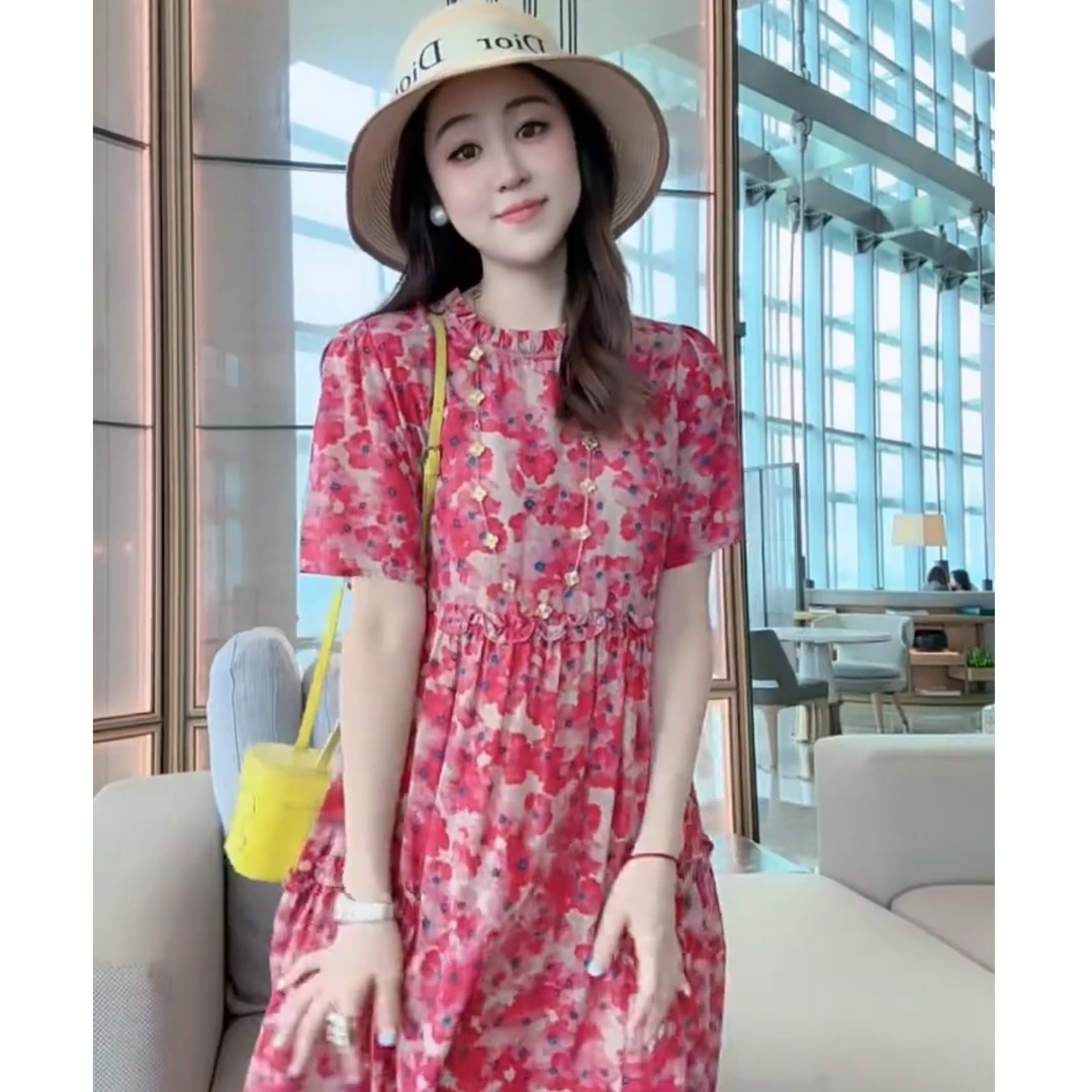 【深圳南油】【E734】100%真丝双绉红色花朵碎花桑蚕丝女装连衣裙