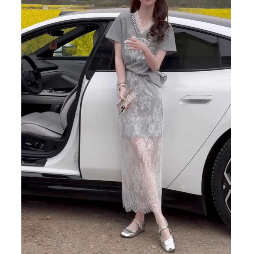 冰岛慕斯简约名媛蝴蝶结设计V领短袖蕾丝拼接半身裙两件套ins