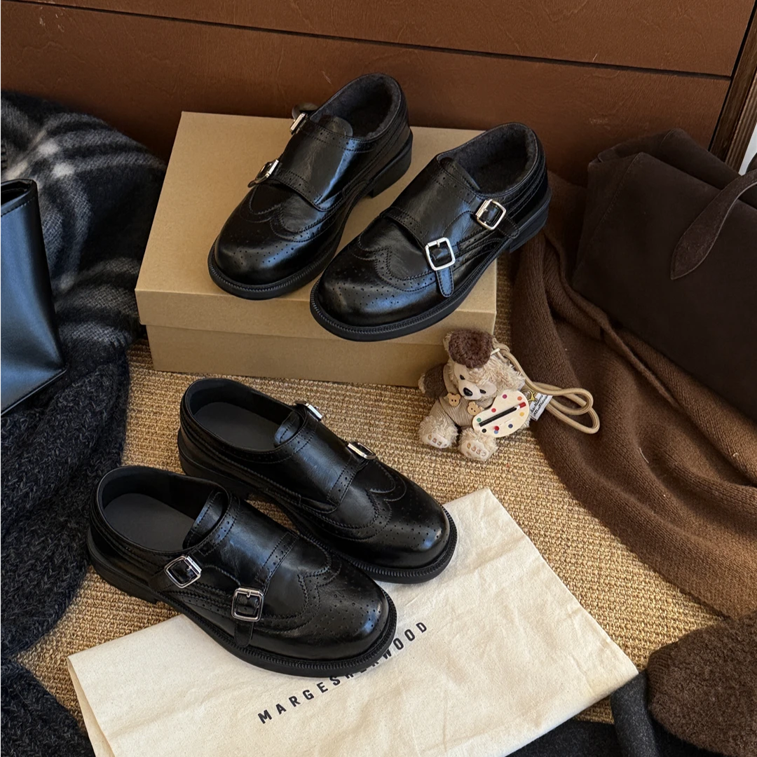 BAO/宝小姐秋冬季英伦风单鞋时尚百搭加绒保暖皮带扣乐福休闲鞋