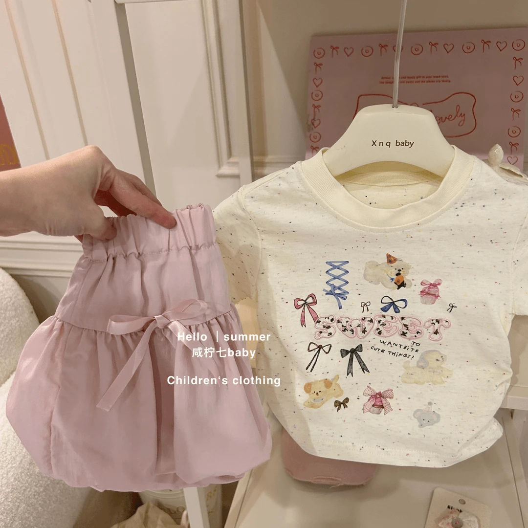 小童夏季舒适洋气套装女孩套装蝴蝶结粉色花苞裙卡通印花短袖上衣