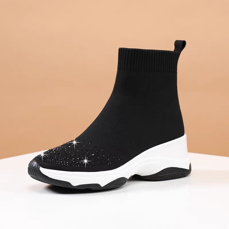 蛮腰佰丽圆头厚底低筒2025弹力靴弹力袜子透气百搭袜子鞋短靴女靴