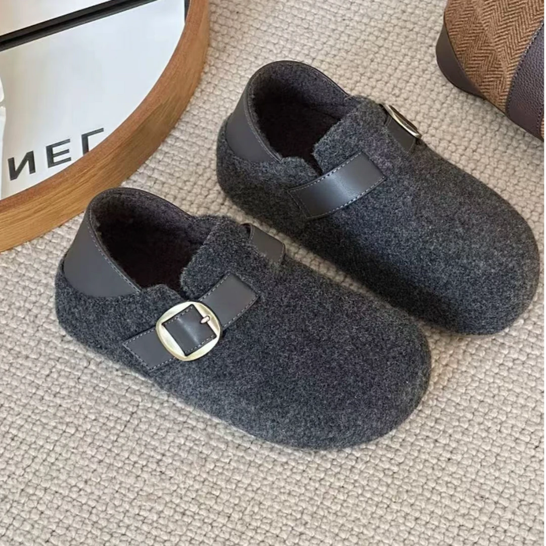 【勃肯鞋-厚底毛毛-灰】女新款秋冬加绒保暖棉鞋百搭内增高休闲鞋