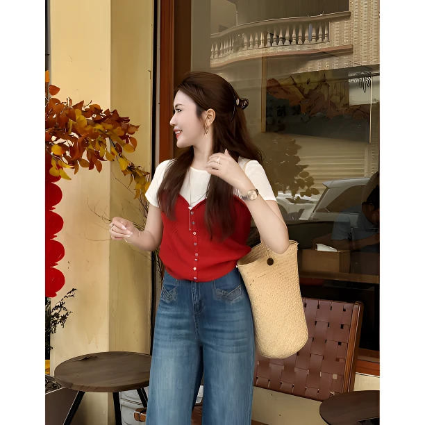 Sunshine【愜意周】简约高质小众百搭拼接假两件小众设计感针织上衣