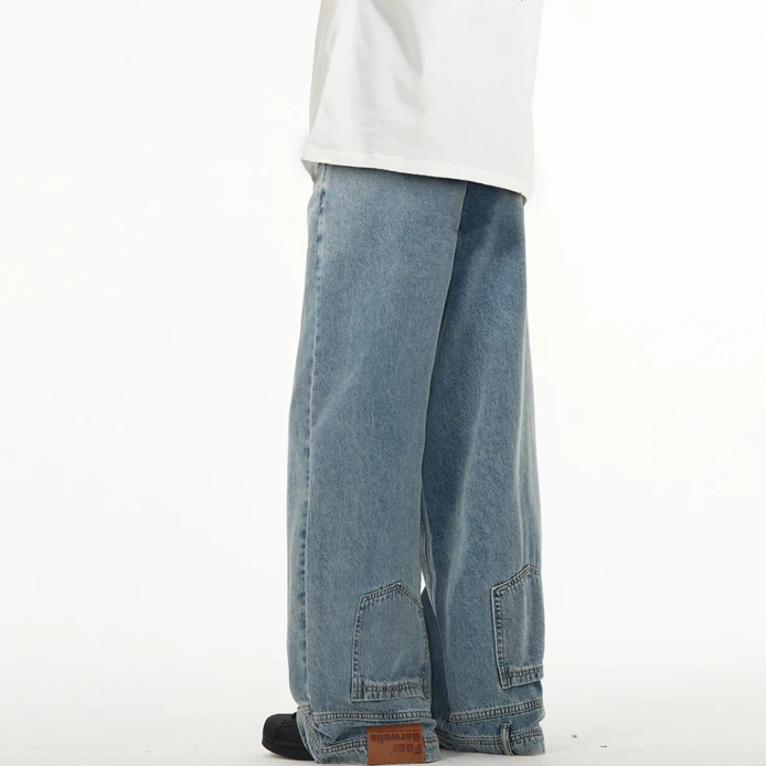 X190 新款美式复古倒装小众设计牛仔裤男宽松直筒阔腿休闲长裤