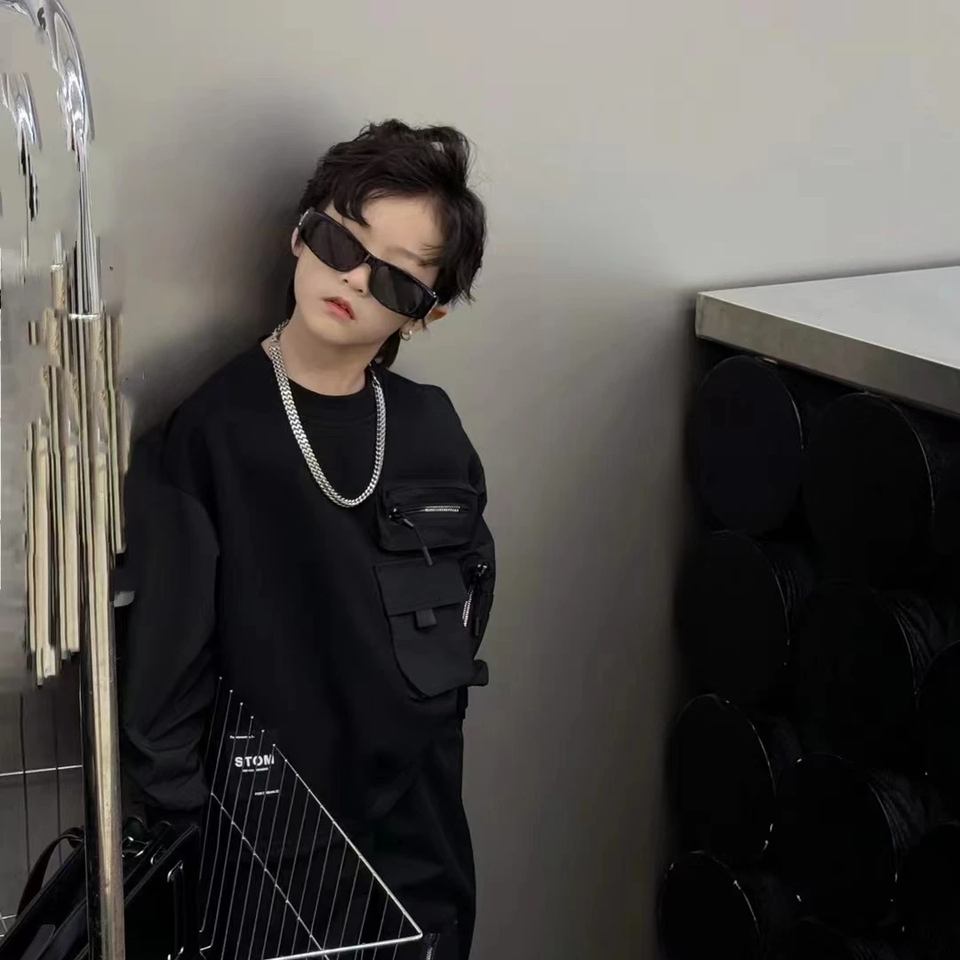 潮牌拼接工装口袋卫衣25212时尚长袖儿童百搭韩版韩版