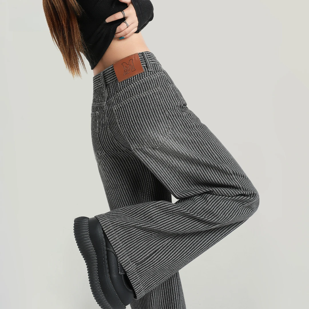 加绒加厚新款黑灰条纹直筒牛仔裤女2025年新款高腰显瘦阔腿拖地裤