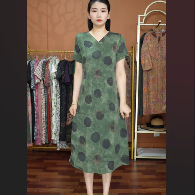 【绿圆福利】2025夏季妈妈装气质短袖连衣裙洋气中年女装宽松长裙