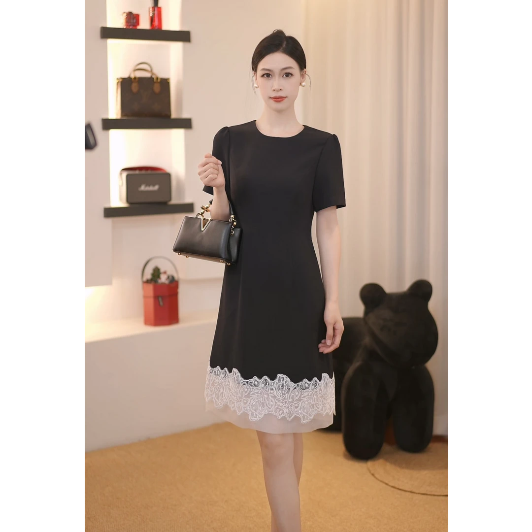 AS艾尚-安安Ann推荐 法式拼接蕾丝连衣裙 轻奢气质显瘦优雅时尚