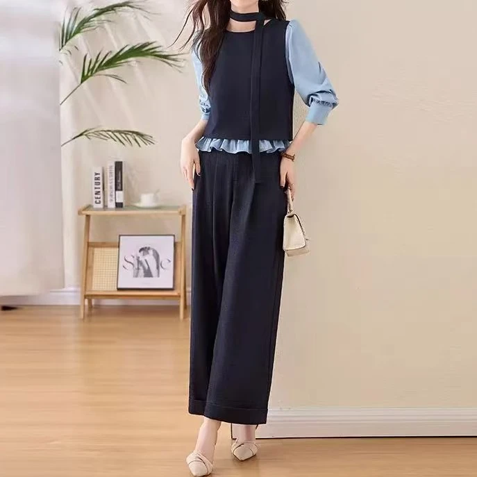 Q679气质两件套高级2025春季阔腿裤新款上衣拼接时尚套装两件套