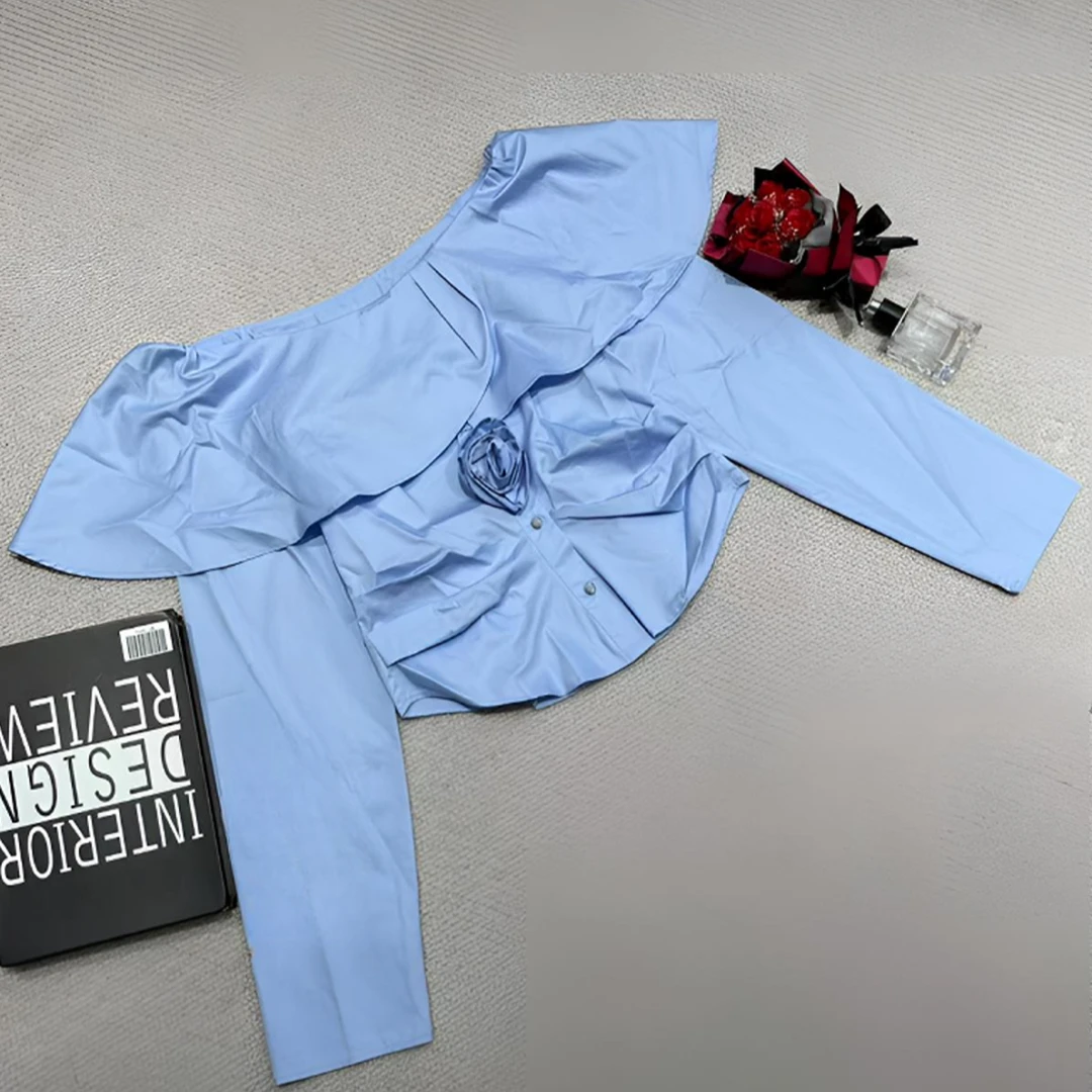 时尚长袖蓝色衬衫女士休闲洋气0113