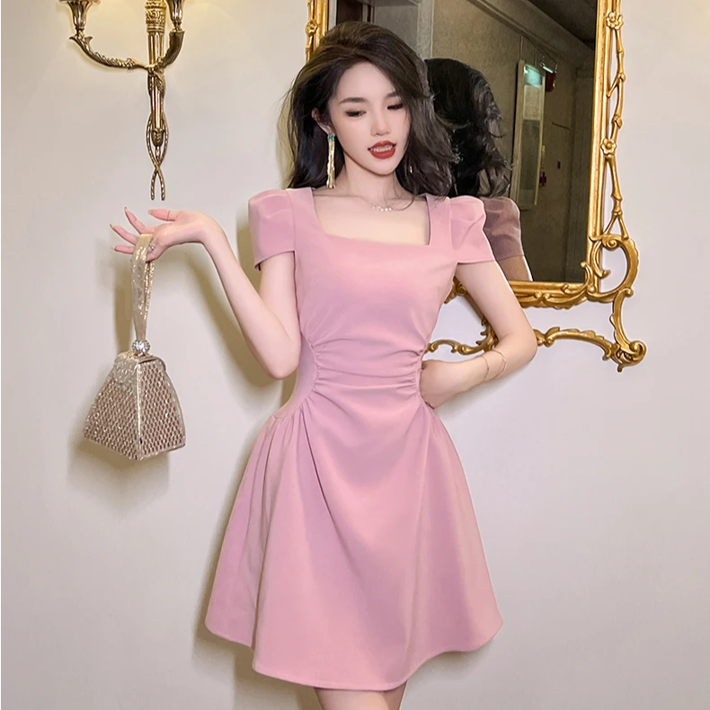 【时时原创】时尚方领气质少女感法式洋气收腰性感简约连衣裙20549