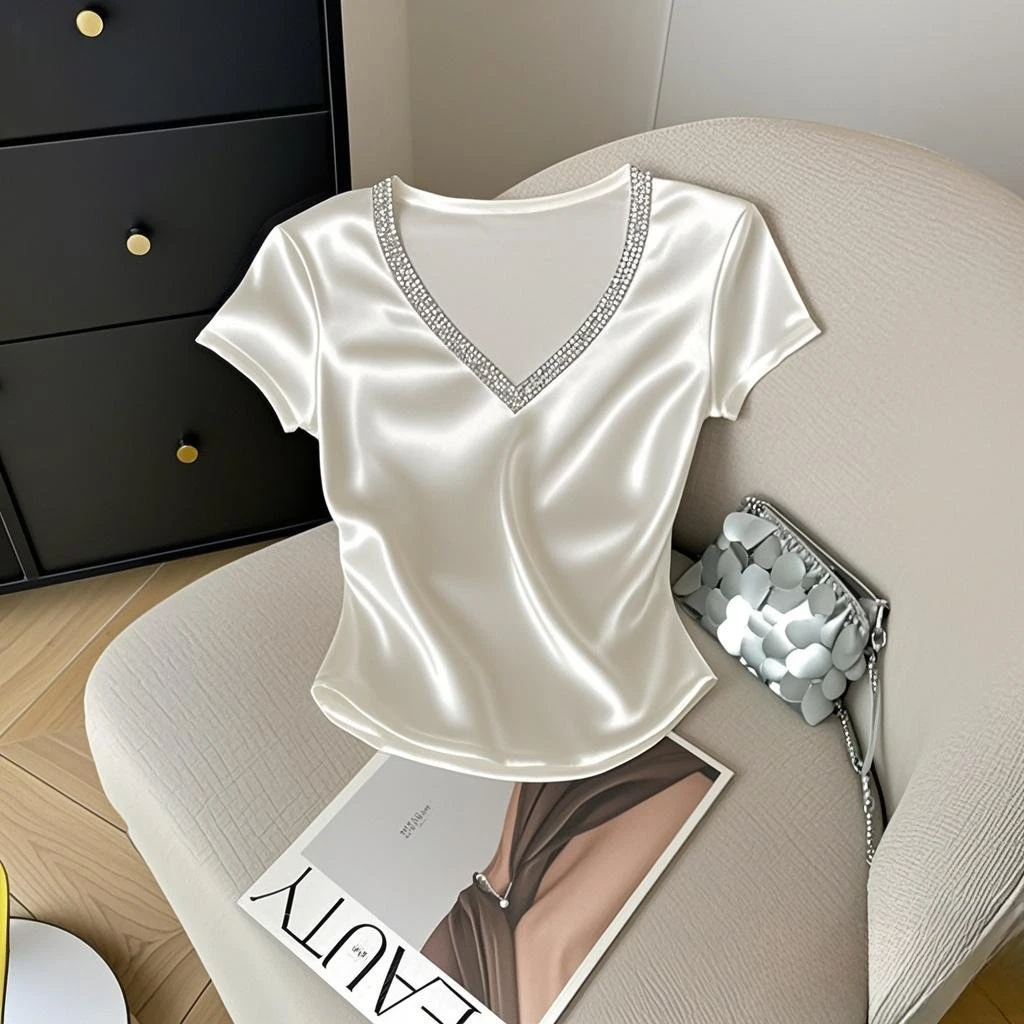 2025年夏季新款洋气别致绝美时尚百搭气质轻奢显瘦V领上衣T恤女装