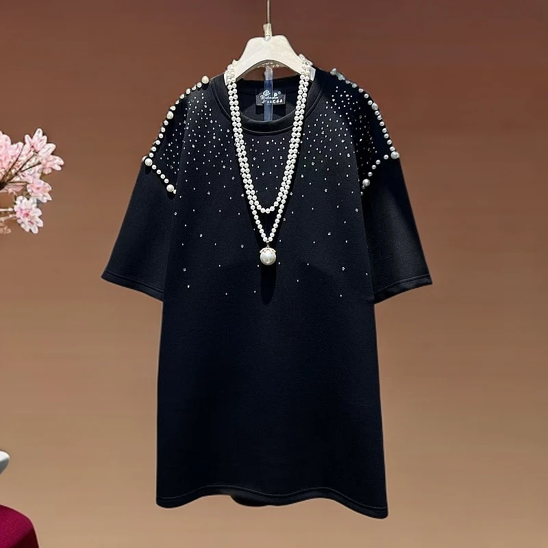 赢小姐·2024年秋冬季新款满天星烫钻修身圆领中长款打底半袖上衣